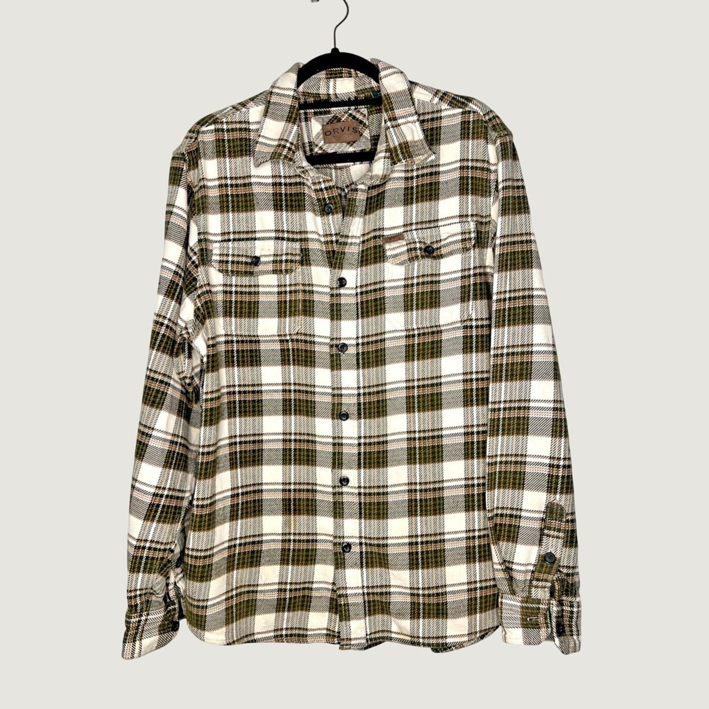 Orvis Flannel Shirt Mens L Green White Plaid Button Down Long Sleeve 1312517